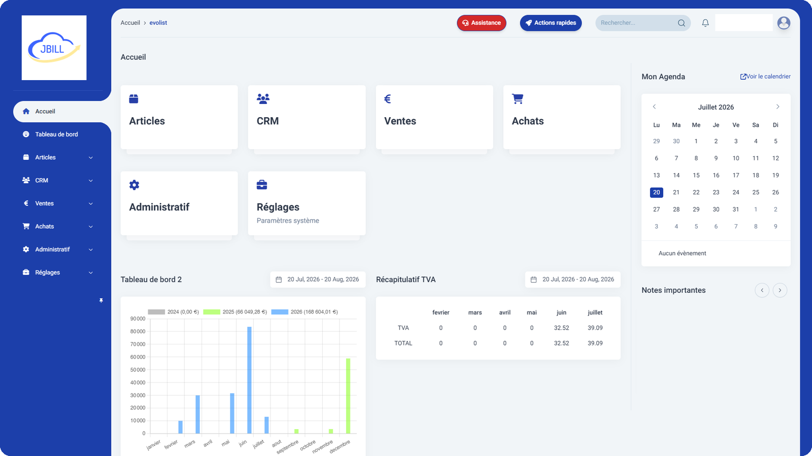 Tableau de bord du logiciel de gestion JBILL : articles, CRM, ventes, achats et suivi du chiffre d'affaires